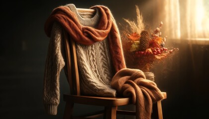 Close-Up: Cozy Knitted Sweater Draped Over a Wooden Chair Back with a Soft, Warm Scarf