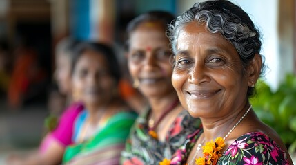 Women of Sri lanka. Women of the World. A smiling elderly woman with gray hair and traditional attire is posing with two other women slightly out of focus in the background.  #wotw