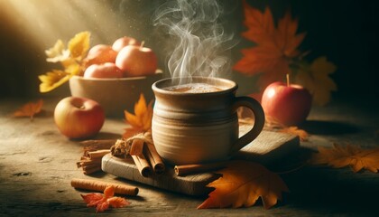 Close-Up: Steaming Mug of Apple Cider on a Rustic Wooden Table, Surrounded by Autumn Leaves, Cinnamon Sticks, and Apples