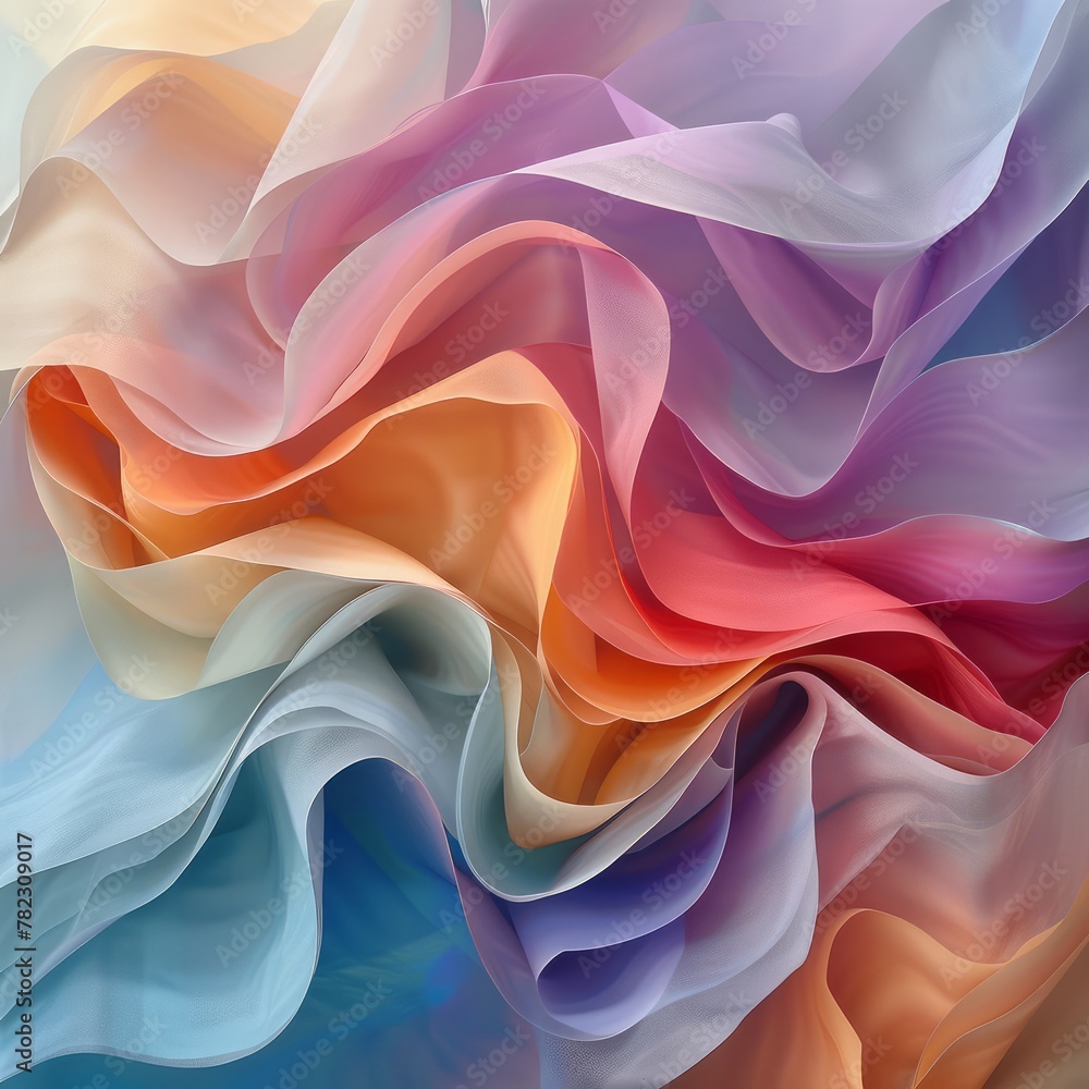 Poster A colorful piece of fabric with a wave pattern. The colors are bright and vibrant, creating a sense of energy and movement. The wave pattern adds a dynamic element to the piece. Overall