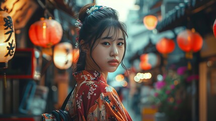 Women of Taiwan. Women of the World. A young woman in a traditional kimono glances back on a street...