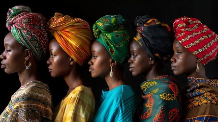 Women of Tanzania. Women of the World. A profile view of five women with colorful headscarves lined...