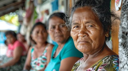Women of Tuvalu. Women of the World. A group of mature women with warm smiles sitting together on a bench in casual attire  #wotw