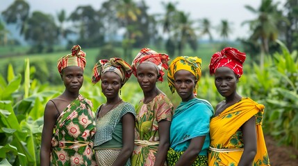 Women of Uganda. Women of the World. Five African women dressed in traditional clothing standing together amidst lush greenery, exuding a sense of community and culture.  #wotw