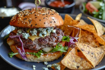 Blue cheese beef burger with homemade nachos and salad