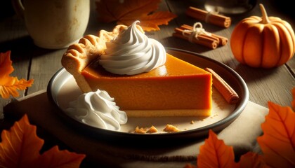 Close-Up: Pumpkin Pie Slice on a Plate with Whipped Cream, Surrounded by Autumn Leaves and a Cinnamon Stick