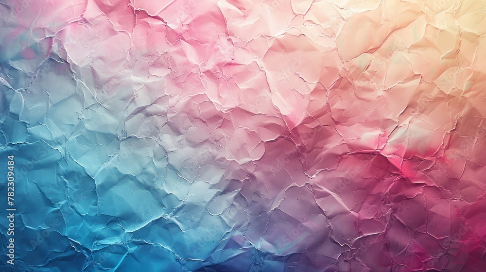 Poster a colorful paper with a blue, pink and purple background. the paper is crumpled and torn, giving it 