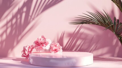 3D Render of a Minimalist Podium Display with Peonies Flower and Palm Leaf Shadow on a Pastel Pink Background, Ideal for Beauty Cosmetic Product Presentation