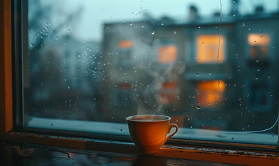 A cup of hot coffee at the window