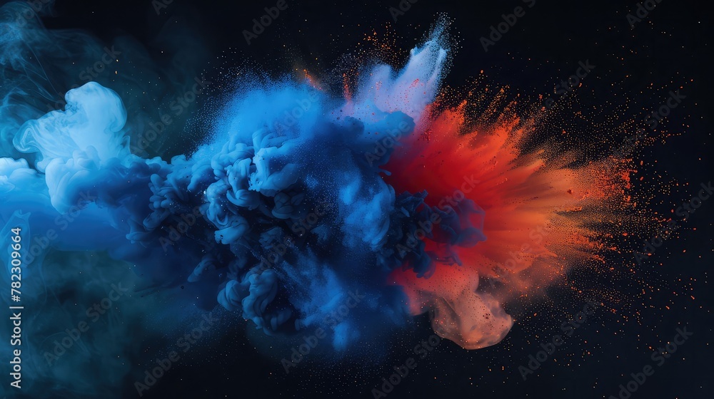 Poster Explosion of Color: Abstract Art Depicting a Black Isolated Explosion Particle Dust on a Colorful Cloud Background