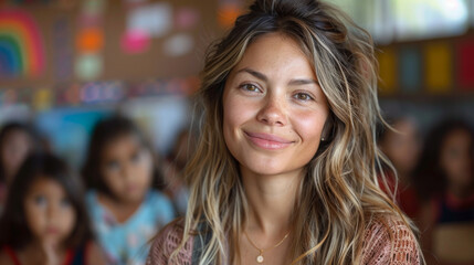 Pretty teacher smiling at camera at back of classroom at the elementary school.