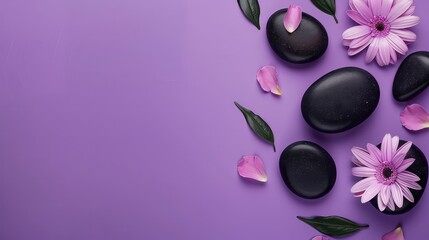 Fototapeta premium Flat Lay Composition of Black Spa Stones and Flowers Isolated on a Purple Background