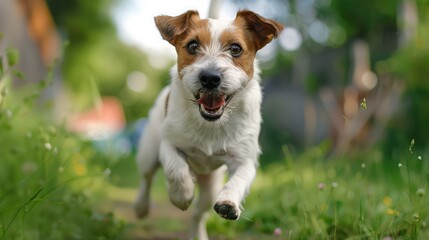 Energetic Jack Russel Parson Dog: A High-Speed Shot of a Joyful Run Towards the Camera