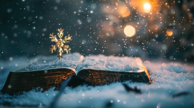 Holy Bible and Christmas Decor Adorned with Snow