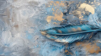 Vintage Illustration: A Modern Art Piece Featuring Feathers, Blue and Gold Brushstrokes on a Textured Grey Background