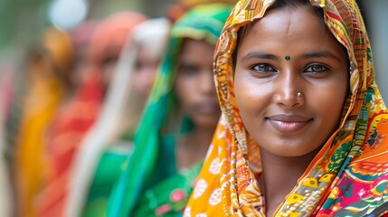 Women of Bangladesh. Women of the World. Portrait of a smiling woman with colorful traditional attire and other women in the background, symbolizing cultural diversity and beauty.  #wotw