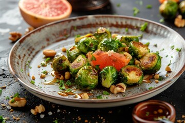 Brussels sprouts cooked with nuts pomelo and honey
