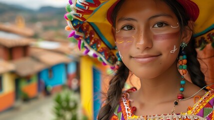 Women of Colombia. Women of the World. A young girl in traditional colorful dress with face paint smiles gently against a blurred background of vibrant houses  #wotw