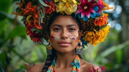 Women of Cost Rica. Women of the World. A vibrant portrait of a young woman adorned with a colorful floral headdress and traditional makeup looking serenely at the camera in a tropical setting.  #wotw