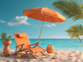 Orange beach chair with summer accessories on turquoise blue background design 3D Rendering, 3D Illustration