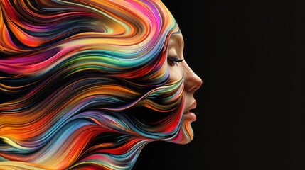 Modern abstract indigenous art. On the side, the face of a young woman and colorful wavy energy or liquid like hair. Black background. - obrazy, fototapety, plakaty