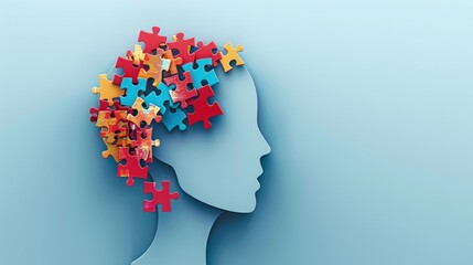Human head in profile with colorful puzzle pieces, concept of mental health, psychotherapy, cognitive psychology, mental and brain illness. - obrazy, fototapety, plakaty