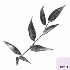 Twig with leaves. Spring plant. Graphic drawing, abstract pointillism. - 782310885