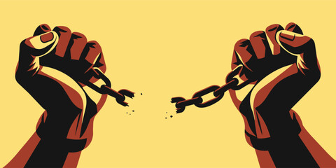 Depiction of hands breaking chains, symbolizing liberation and the abolition of slavery