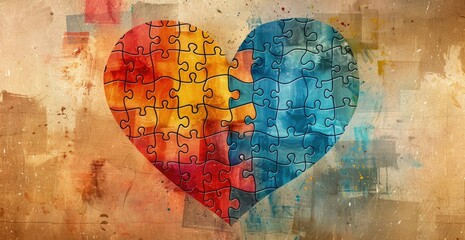 Colorful puzzle pieces forming a heart, autism awareness concept.