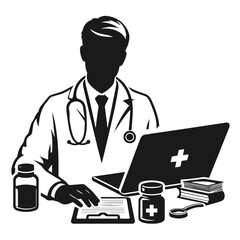 Doctor 🧑‍⚕️. Flat vector style character, Healthcare illustration. Black and white silhouette vector isolated on white background 
