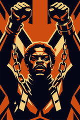 Illustrated african man raising broken shackles symbolizing liberation and the spirit of juneteenth