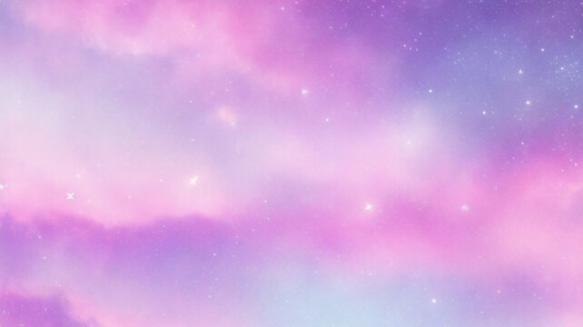 Purple unicorn background. Pastel watercolor sky with glitter stars and bokeh. Fantasy galaxy with holographic texture. Magic marble space.