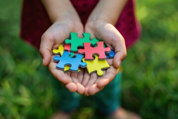 Child holding colorful puzzle pieces, autism awareness concept.