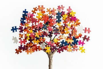 Tree with colorful puzzle pieces, white background, Autism Awareness Day.