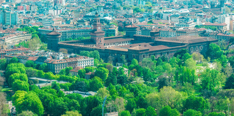Aerial view of Castello Sforzesco (Sforza's Castle) details of the medieval fortification located in Milan, northern Italy.  04-11-2024. It was built in the 15th century by Francesco Sforza