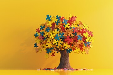 Tree with colorful puzzle pieces, yellow background, Autism Awareness Day.