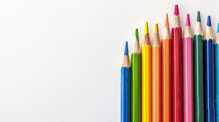Fototapeta premium colorful pencils arranged in a rainbow sequence on a clean white surface, ideal for school supplies, artistic endeavors, and creative design elements.