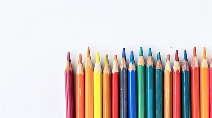 colorful pencils arranged in a rainbow sequence on a clean white surface, ideal for school supplies, artistic endeavors, and creative design elements.