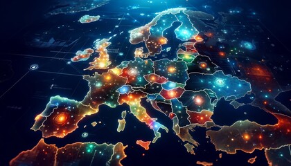 Digital Network Visualization Over Europe Map