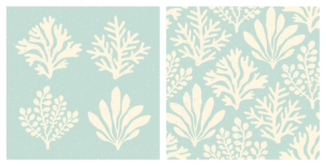 Coral reef and seaweed isolated prints and seamless pattern. Pastel blue underwater sea life summer holiday background.