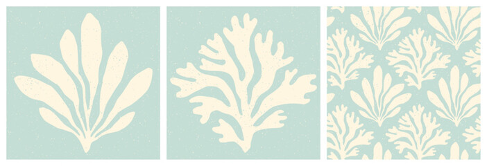 Pastel coral reef and seaweed prints and seamless pattern. Underwater sea life, coral, algae vintage summer holiday set.