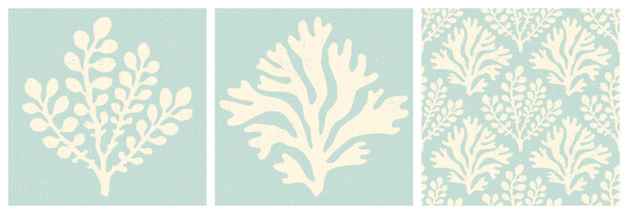 Pastel blue coral reef and seaweed print and seamless textured pattern. Underwater sea life summer holiday background. © Olga