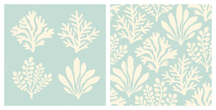 Coral reef and seaweed isolated prints and seamless pattern. Pastel blue underwater sea life summer holiday background.