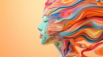 Modern abstract indigenous art. On the side, the face of a young woman and colorful wavy energy or liquid like hair. Soft orange background. - obrazy, fototapety, plakaty
