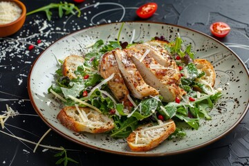 Chicken salad with bread and parmesan on plate with black background