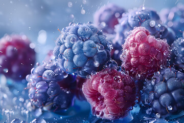 blue raspberies on blue background. fresh berries with condensation 