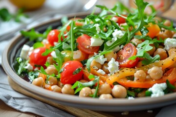 Chickpea and pepper salad with tomatoes and goat cheese - obrazy, fototapety, plakaty