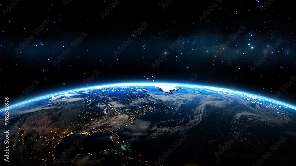 Poster Blue space background with earth and galaxy. Abstract wallpaper with planetary glow. Science and education in outer space