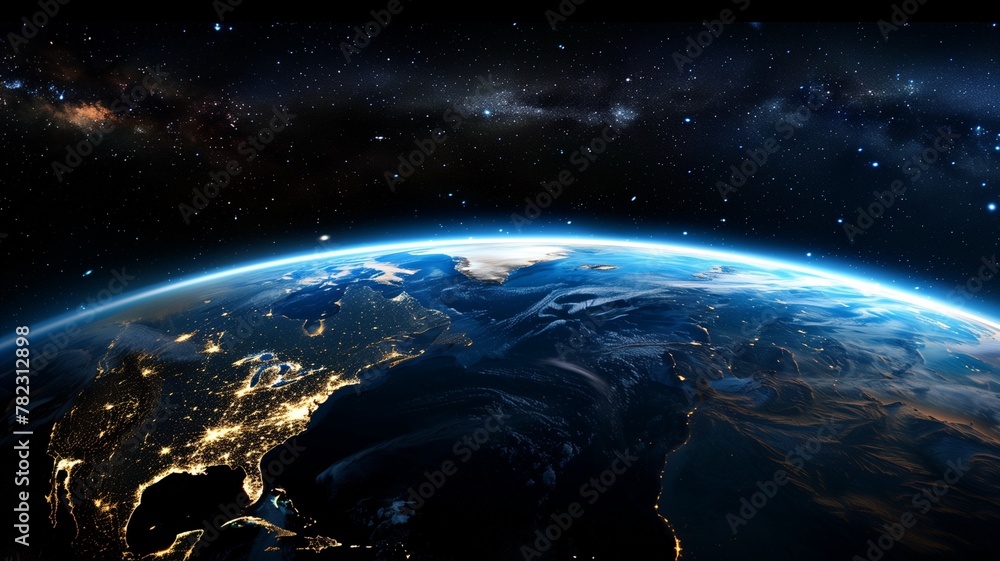 Poster blue space background with earth and galaxy. abstract wallpaper with planetary glow. science and edu