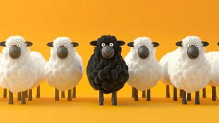 Flock of sheep with one black on orange background. Other thenn all concept. Generative AI. - obrazy, fototapety, plakaty